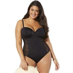 NWT Swimsuits For All 14 Black Crochet Insert Underwire 1PC Swimsuit 128428